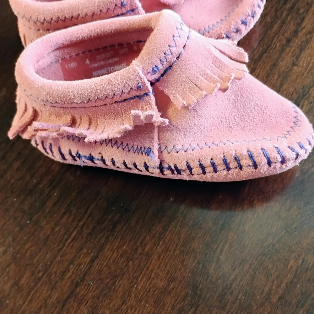 Minnetonka Pink Fringed Baby Moccasins